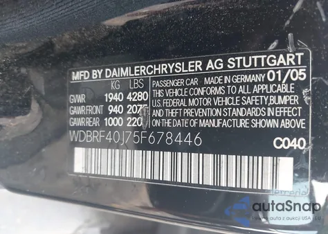 2005 Mercedes-Benz C 230 Kompressor Sport z USA, uszkodzony, nr VIN WDBRF40J75F678446